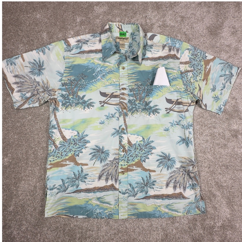 Cooke Street Men's Size L Button Down Shirt Hawaiian Wa'a Tropical Island Waves